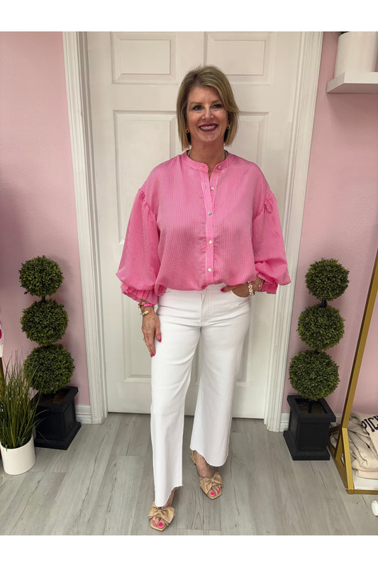 Pinstripe Bubble Sleeve Blouse