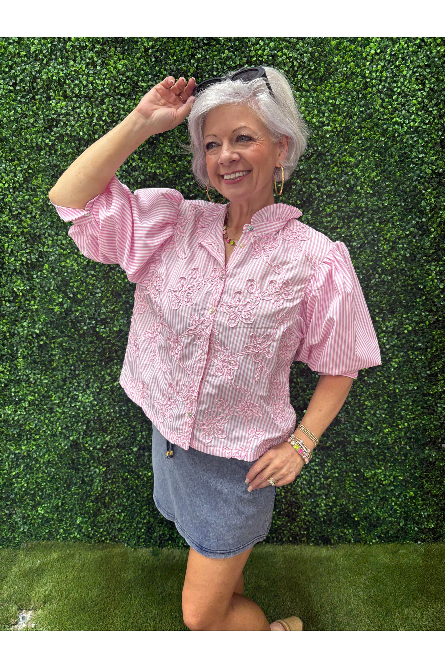 Puff Sleeve Blouse With Ruffle Neck Self-Fabric Cords Detail