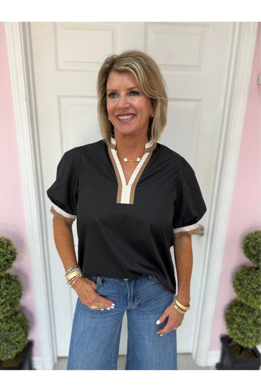 Black Bubble Sleeve Blouse