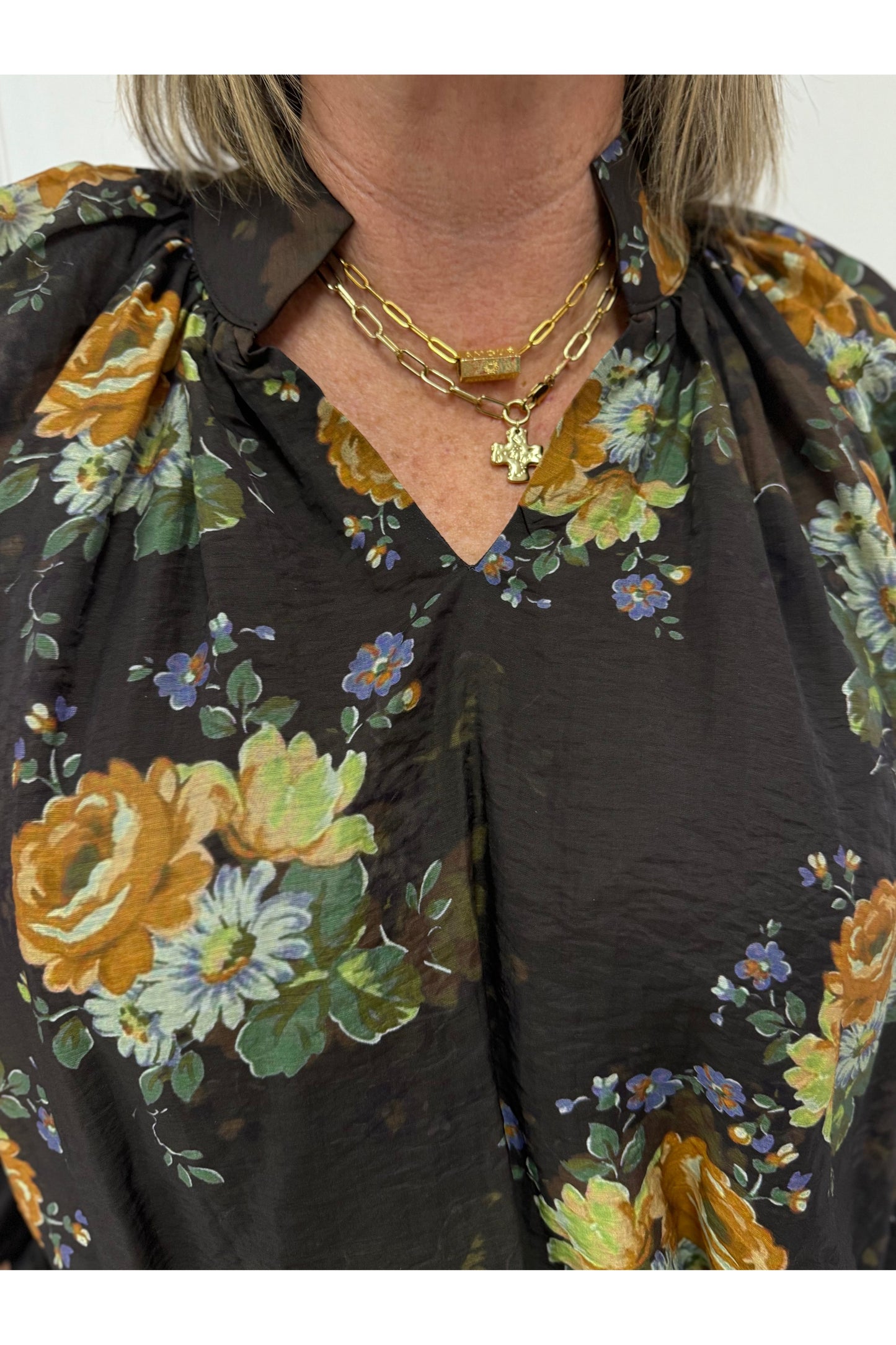 Chocolate Floral LS Blouse