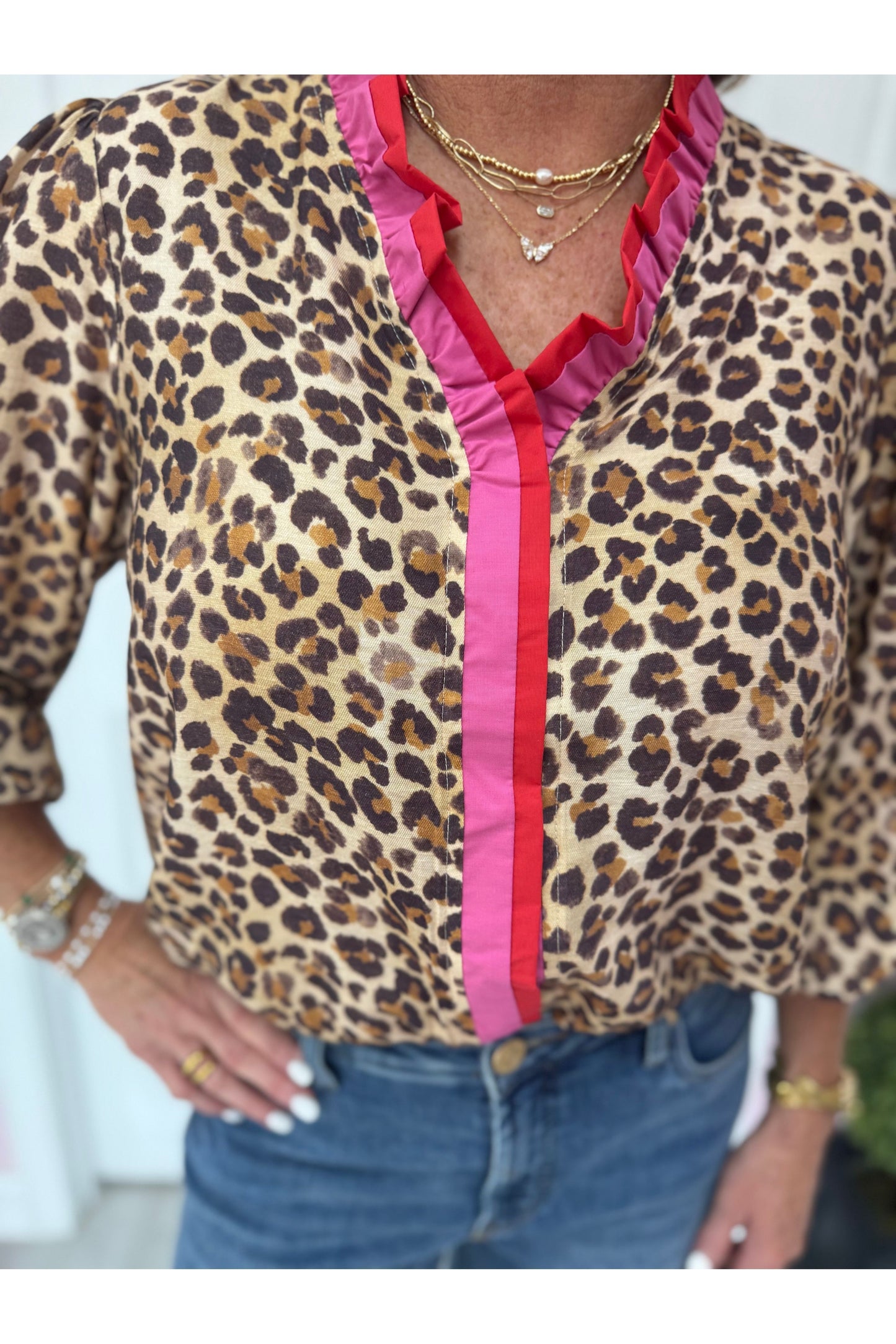 Leopard LS Blouse w/Wavy Trim