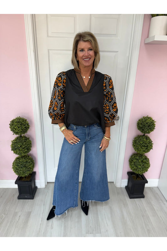 Gina Black Patterned Blouse- pre-order