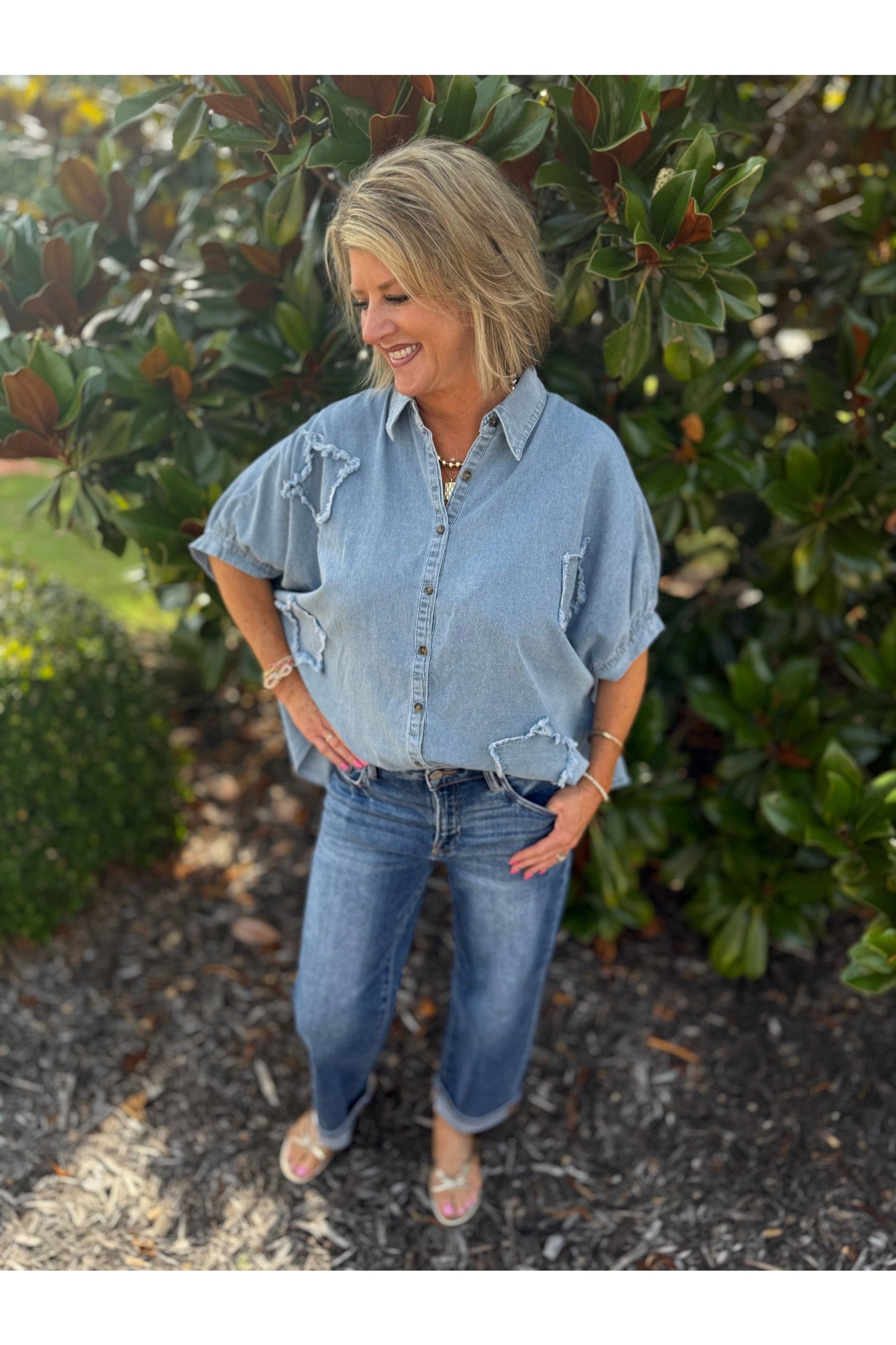 Chambray Frayed Star Button Up Top
