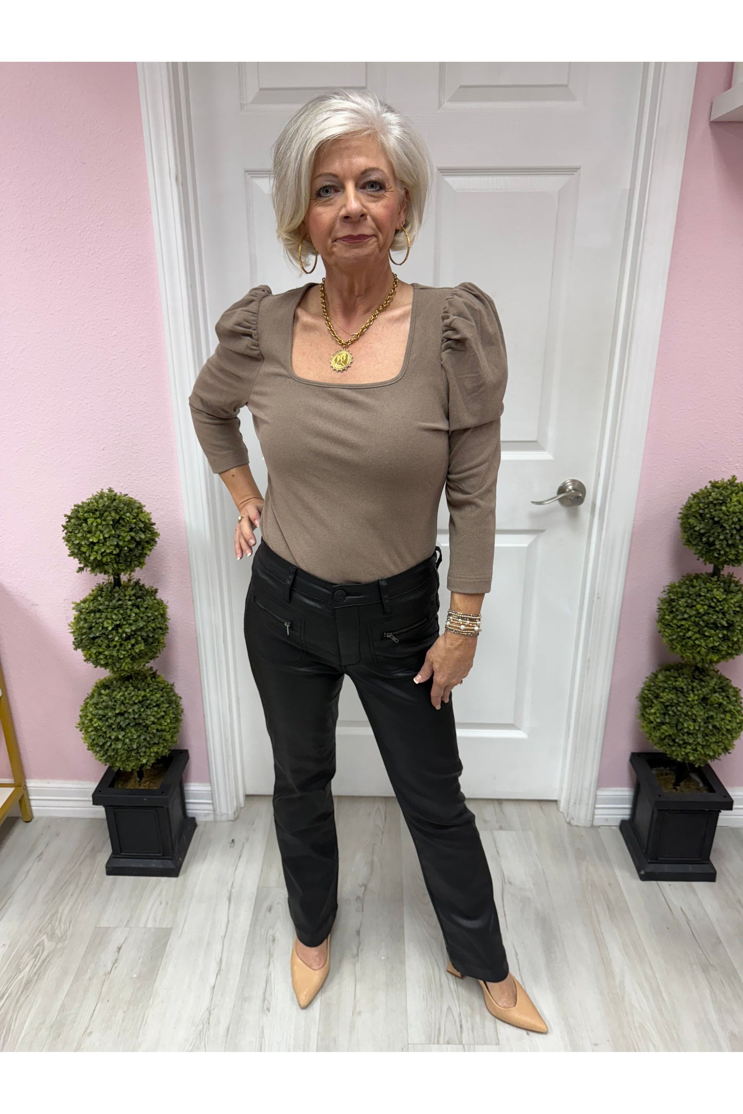 square neck puff shoulder knit top