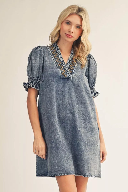Smocked Denim Mini Dress