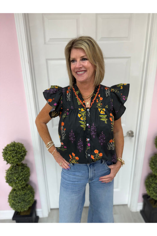 Botanical Print Flutter Sleeve Top