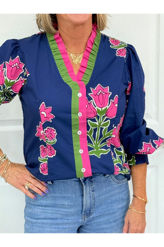 Christina Navy & Pink Floral Blouse