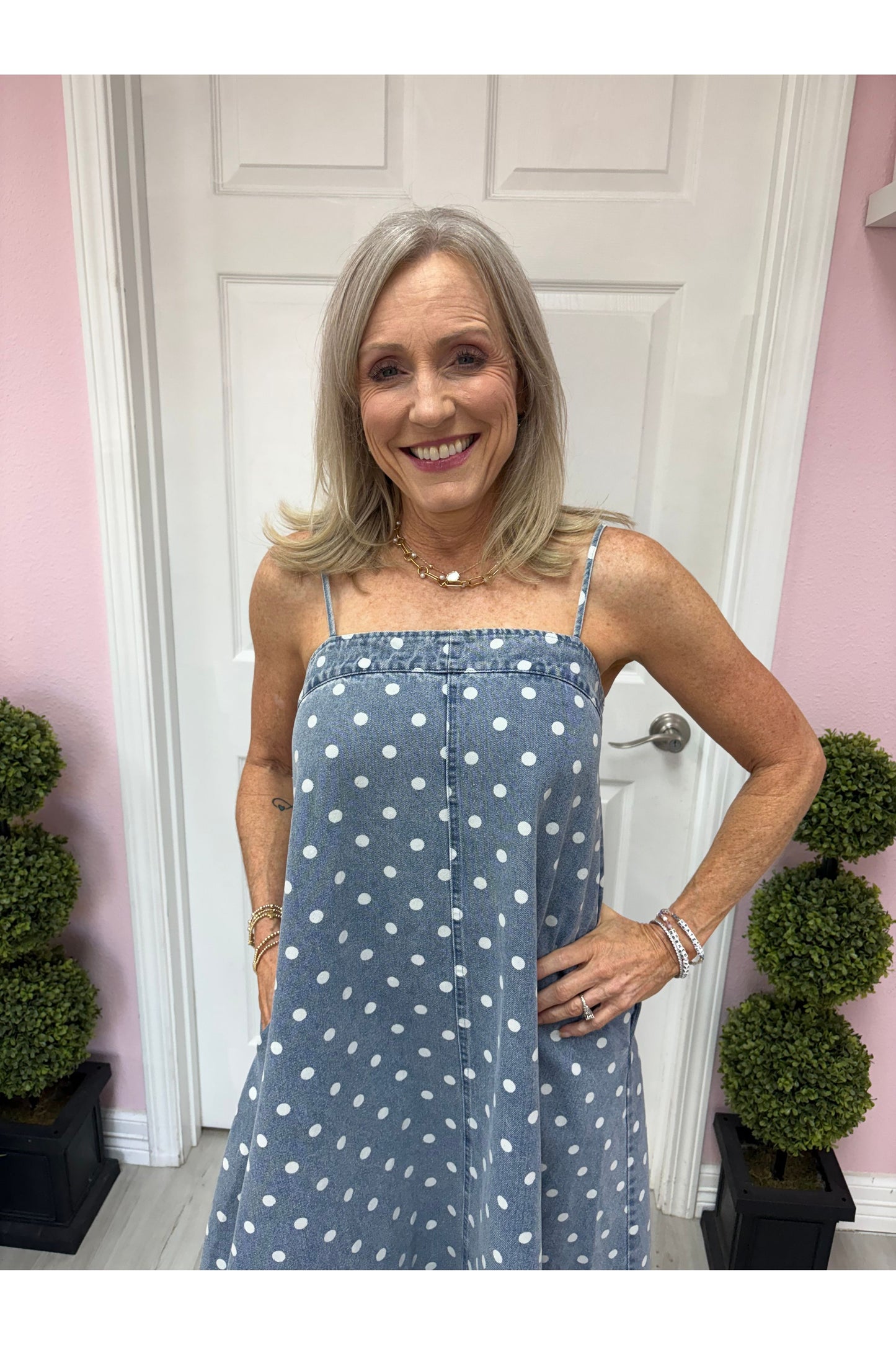 Polka Dot Denim A Line Dress