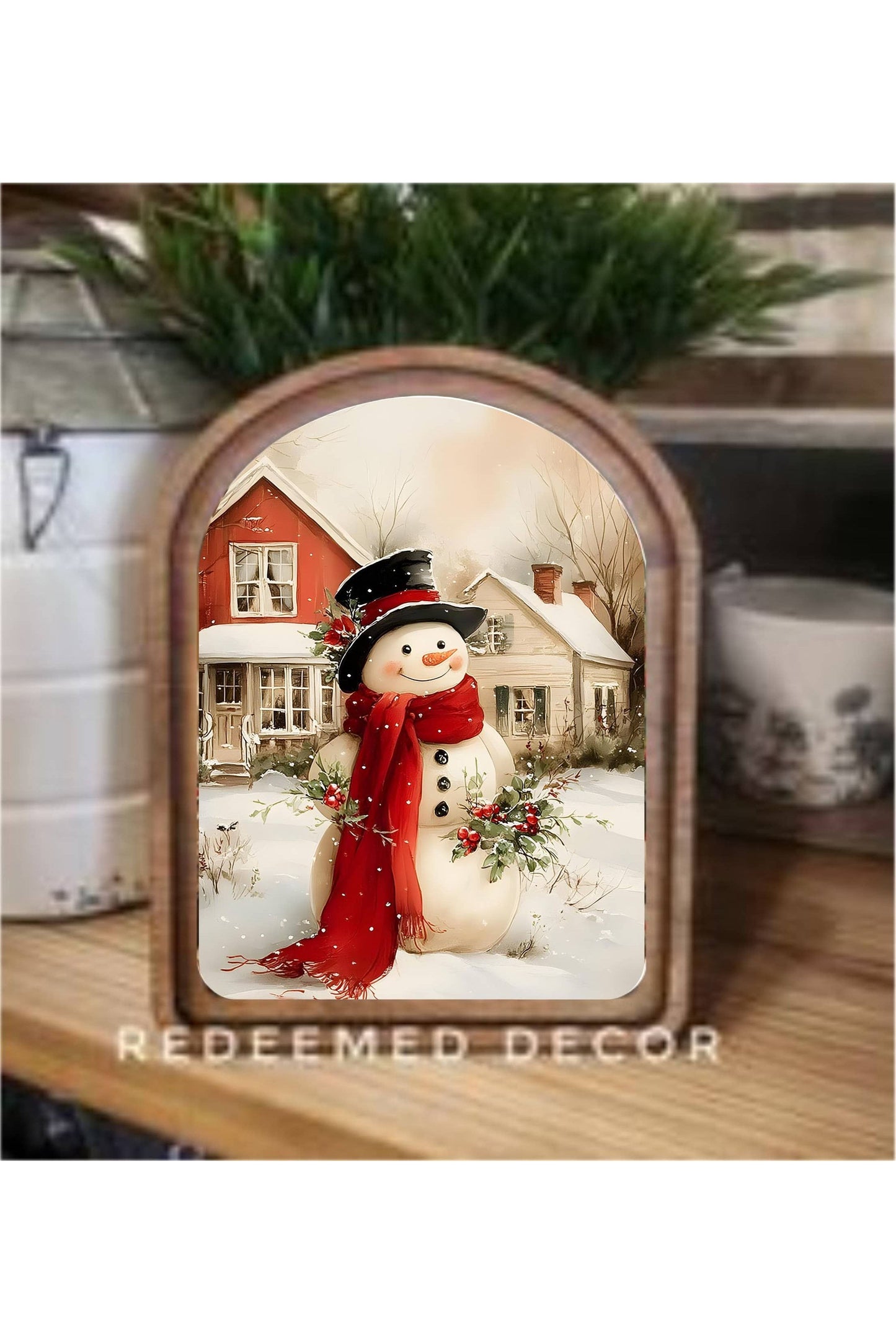 Arch Top Cozy Christmas Snowman Framed Art