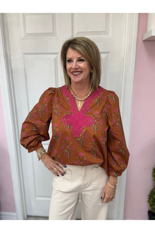 Sammie Floral Print Puff Sleeve with Embroidered Knot