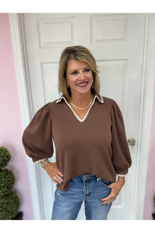 Anna 3/4 Sleeve Scallop Trim Top