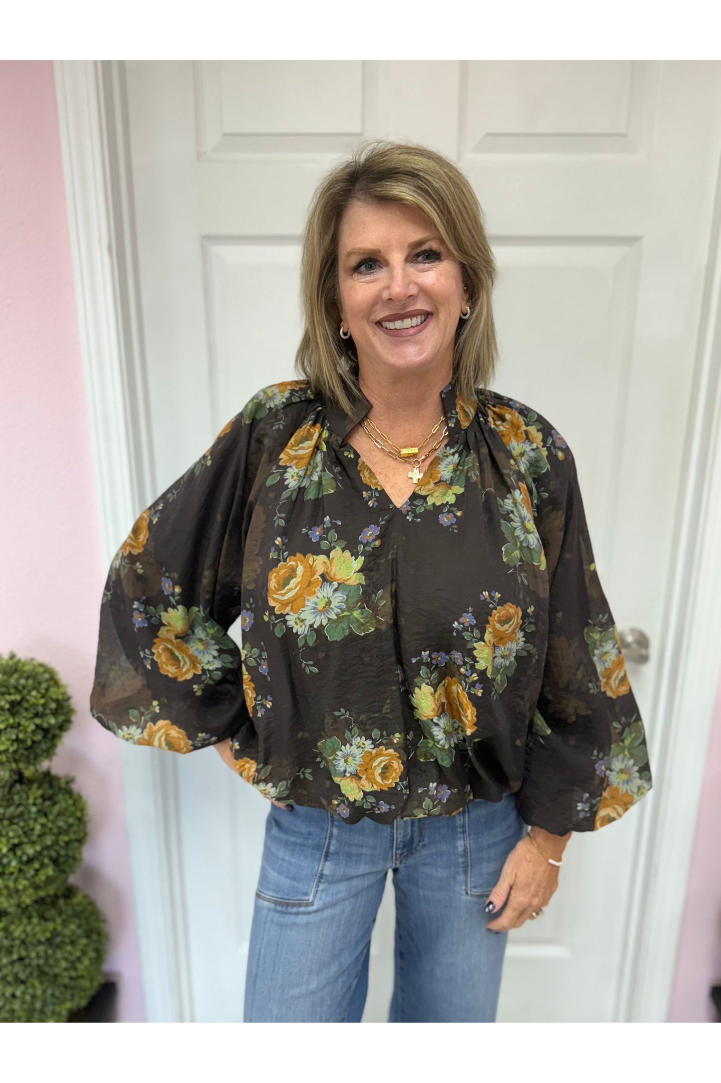 Chocolate Floral LS Blouse