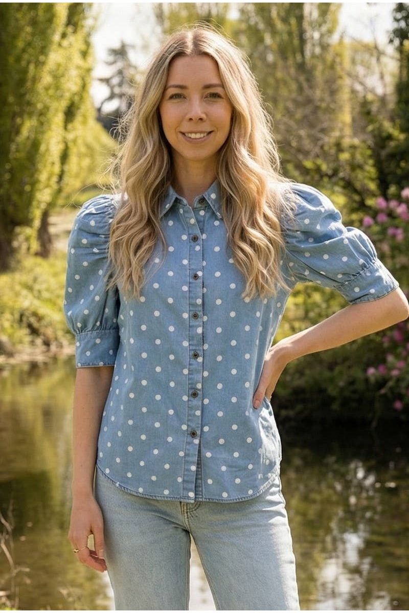 Polka Dot Collared Puff Sleeve