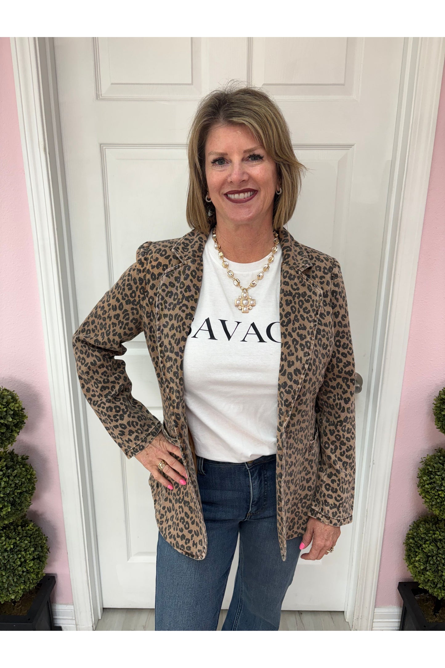 Leopard Printed Single Button Blazer.