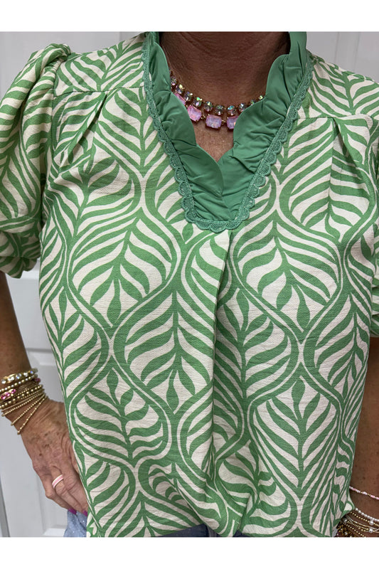 Green Printed Puff Sleeve Ruffle Neck Top