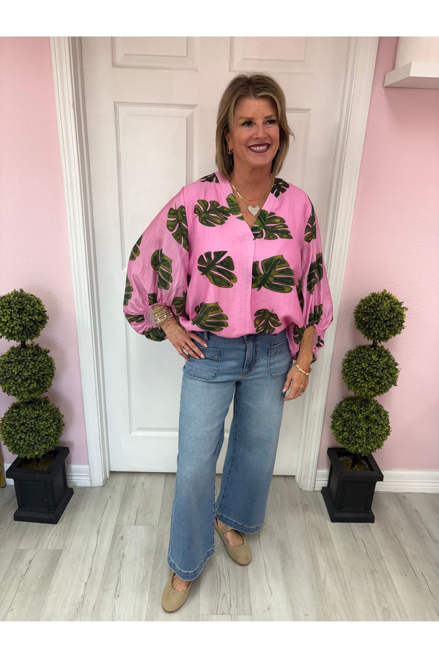 Pink Leaf Print Vneck Blouse