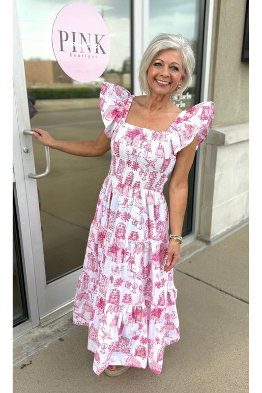 Pink Toile Smocked Flutter Sleeve Dress