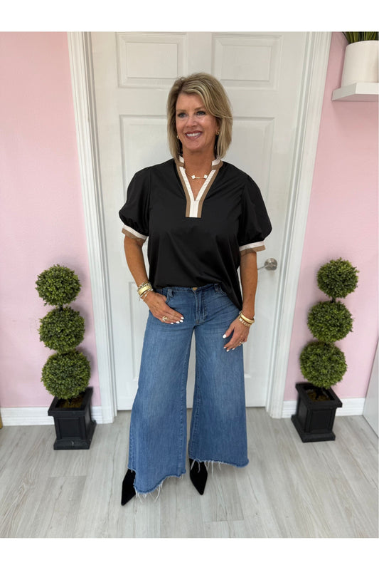 Black Bubble Sleeve Blouse