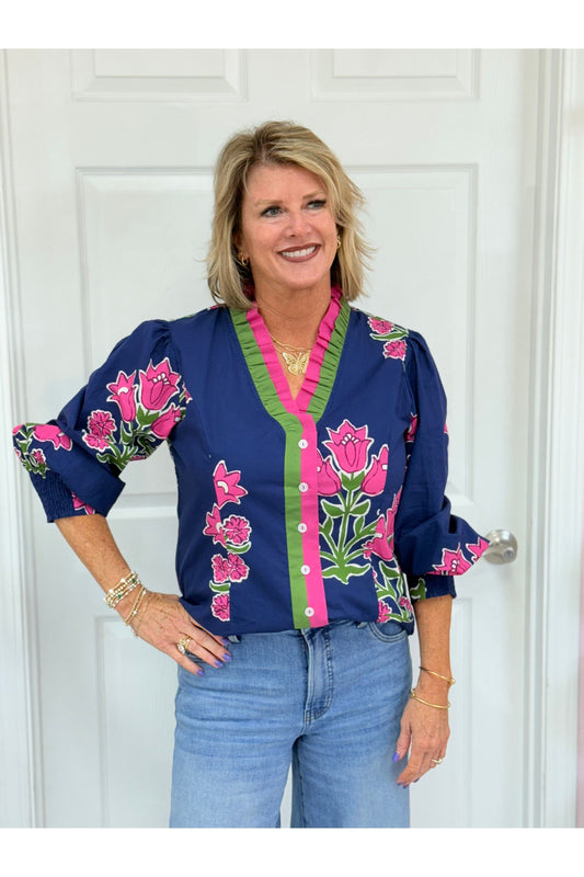 Christina Navy & Pink Floral Blouse