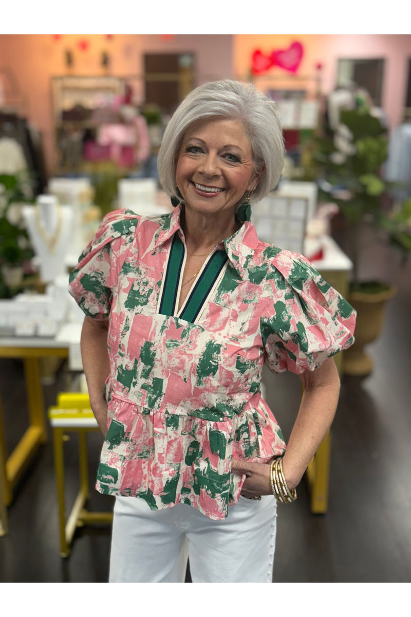 Pink/Green Peplum Blouse