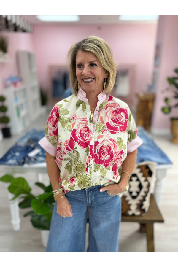 Pink Striped & Floral Pattern Blouse