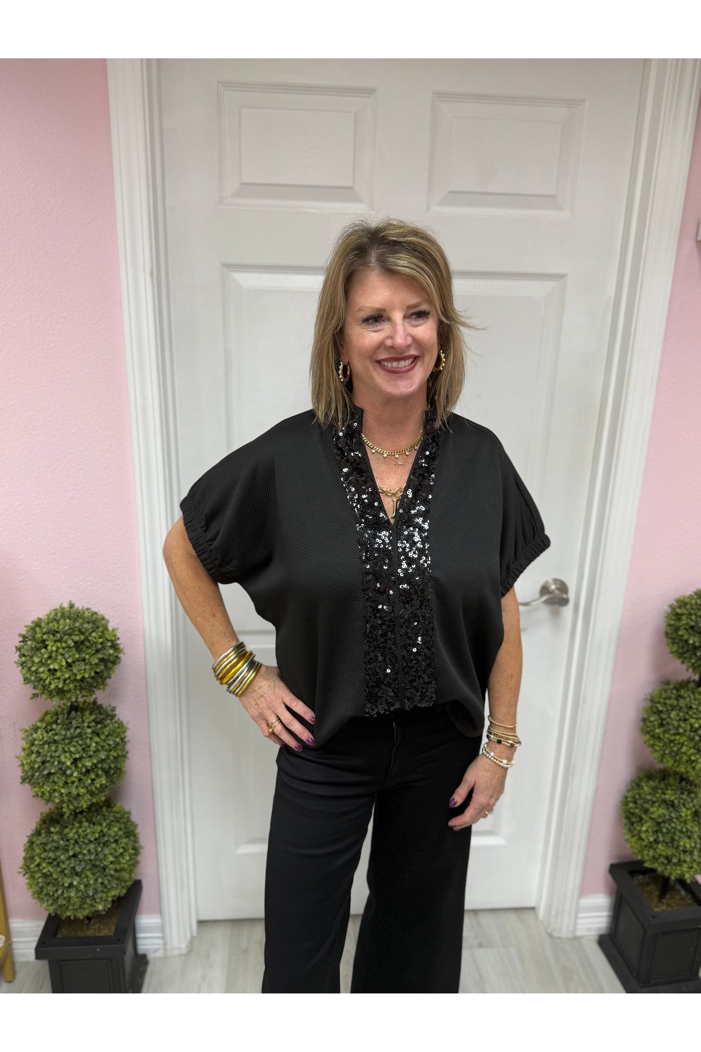 Dani Sequin Dolman Sleeve Blouse