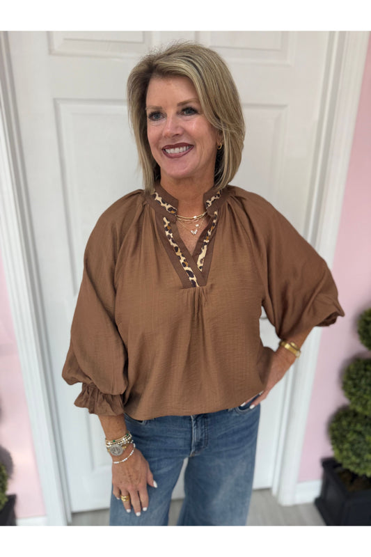 Leopard Trim V-Neck Blouse