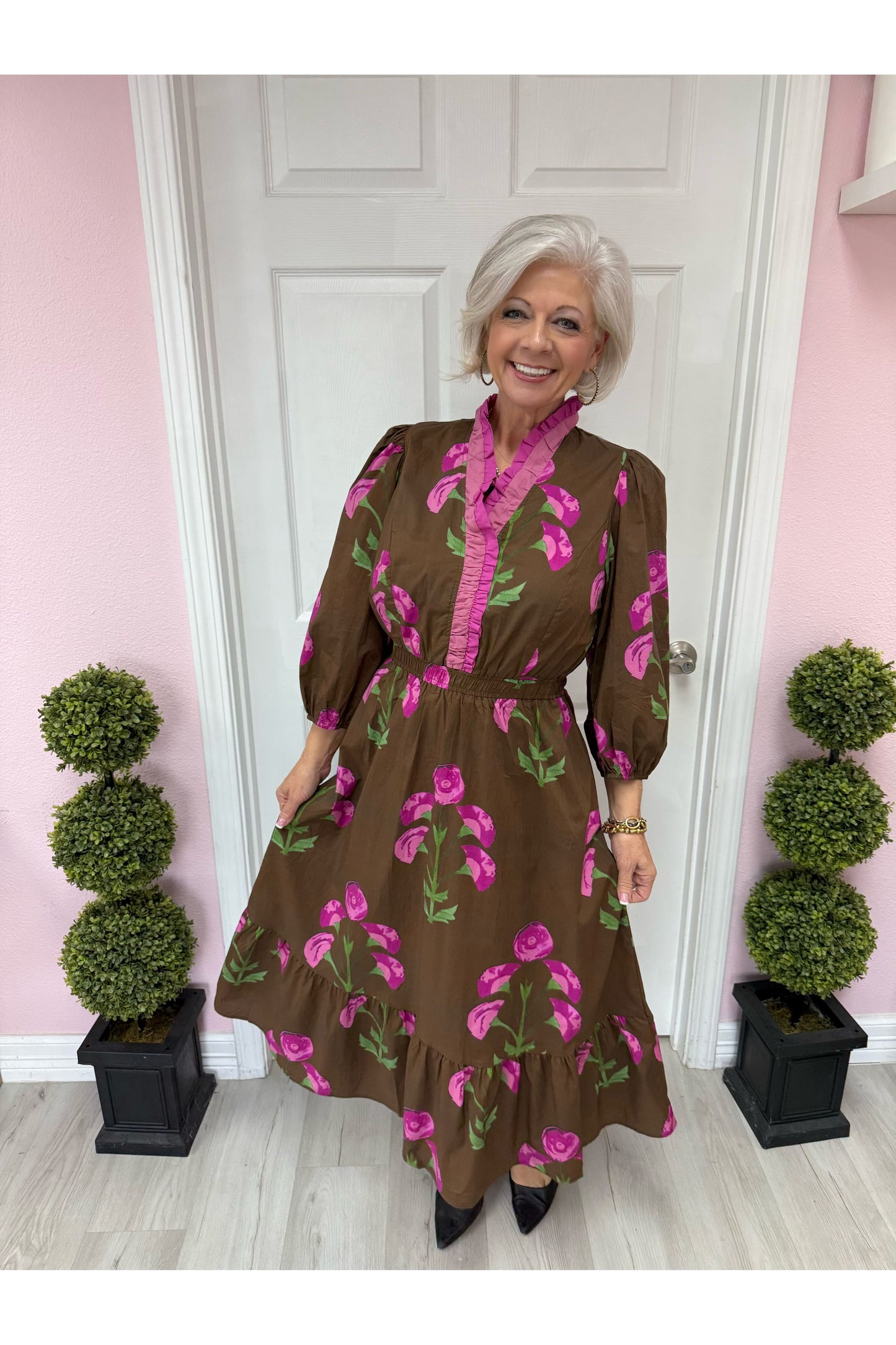 Floral Midi Dress with Ruffle Trim