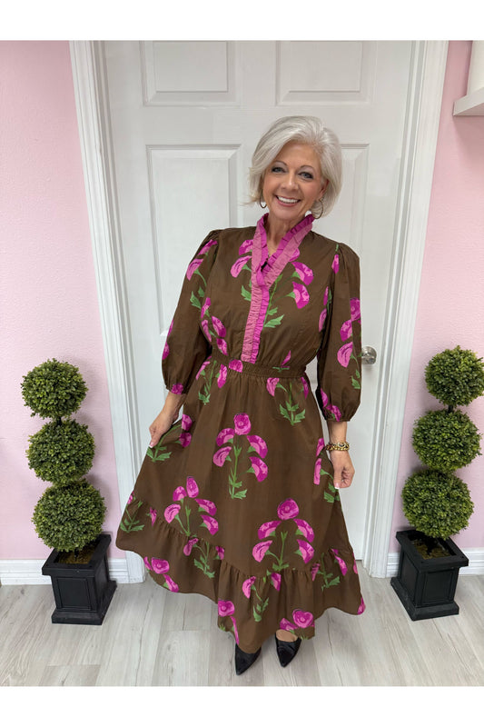 Floral Midi Dress with Ruffle Trim