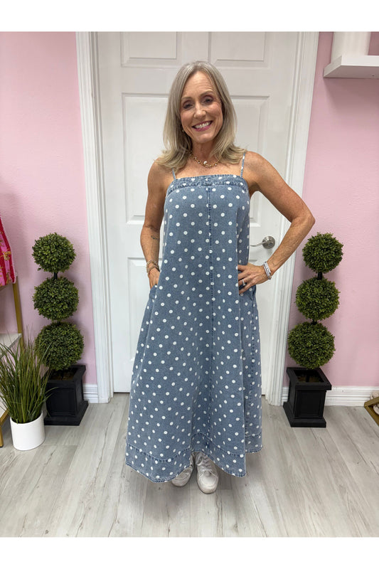 Polka Dot Denim A Line Dress