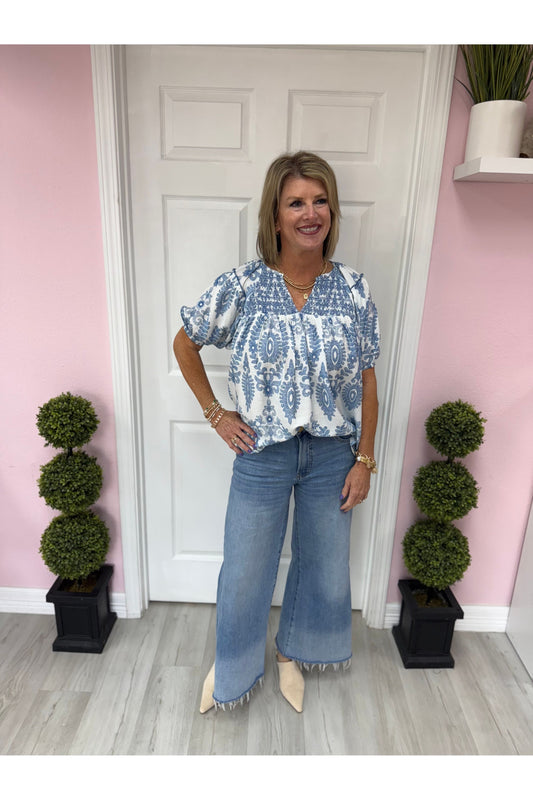 Annie Blue Patterned Smocked Blouse