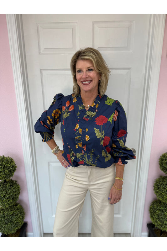Midnight Ruffle Trim Floral Blouse