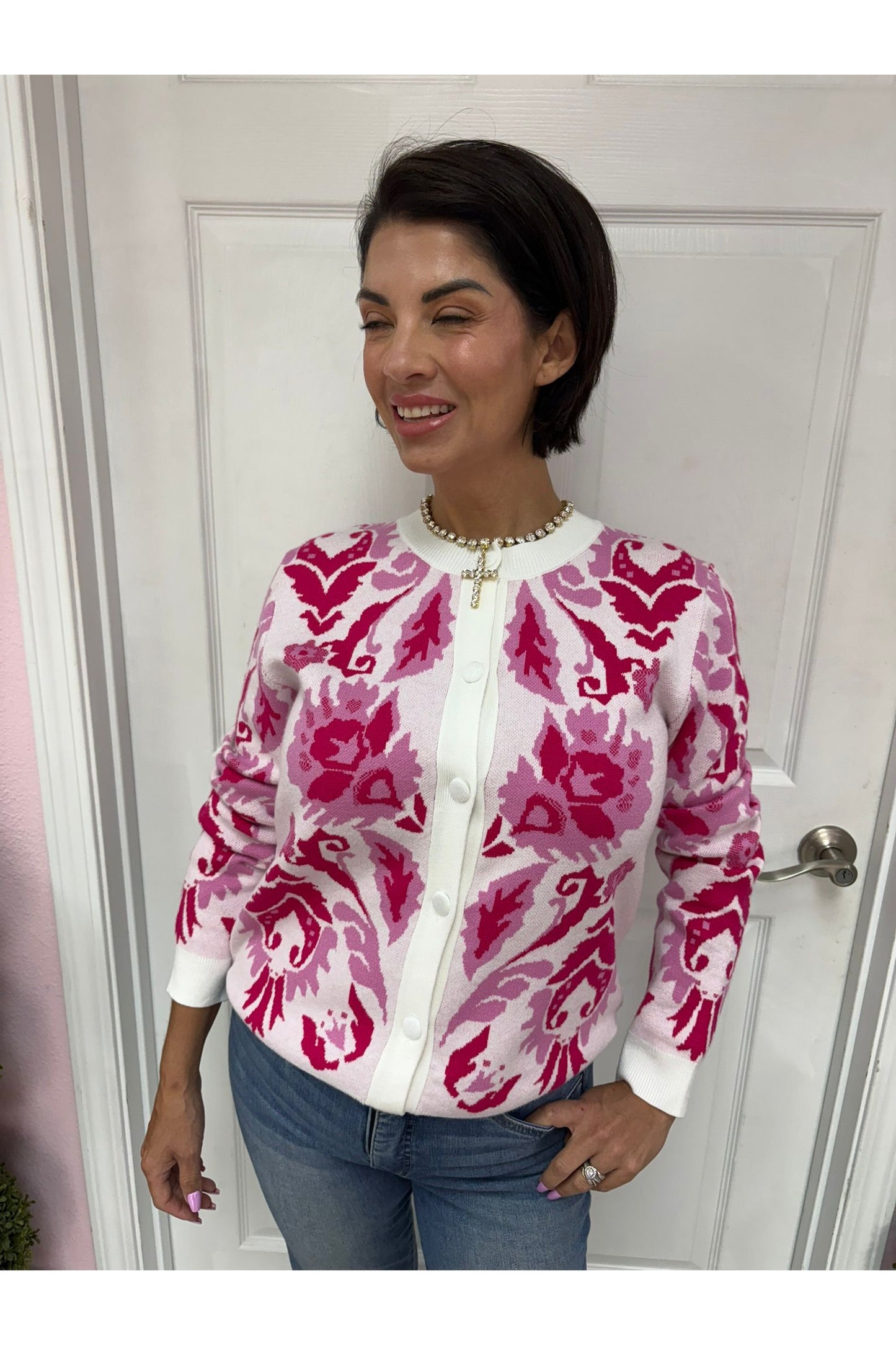 Pink Floral Pattern Jacquard Knit Cardigan