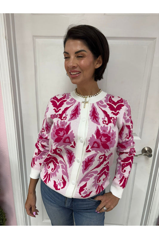 Pink Floral Pattern Jacquard Knit Cardigan