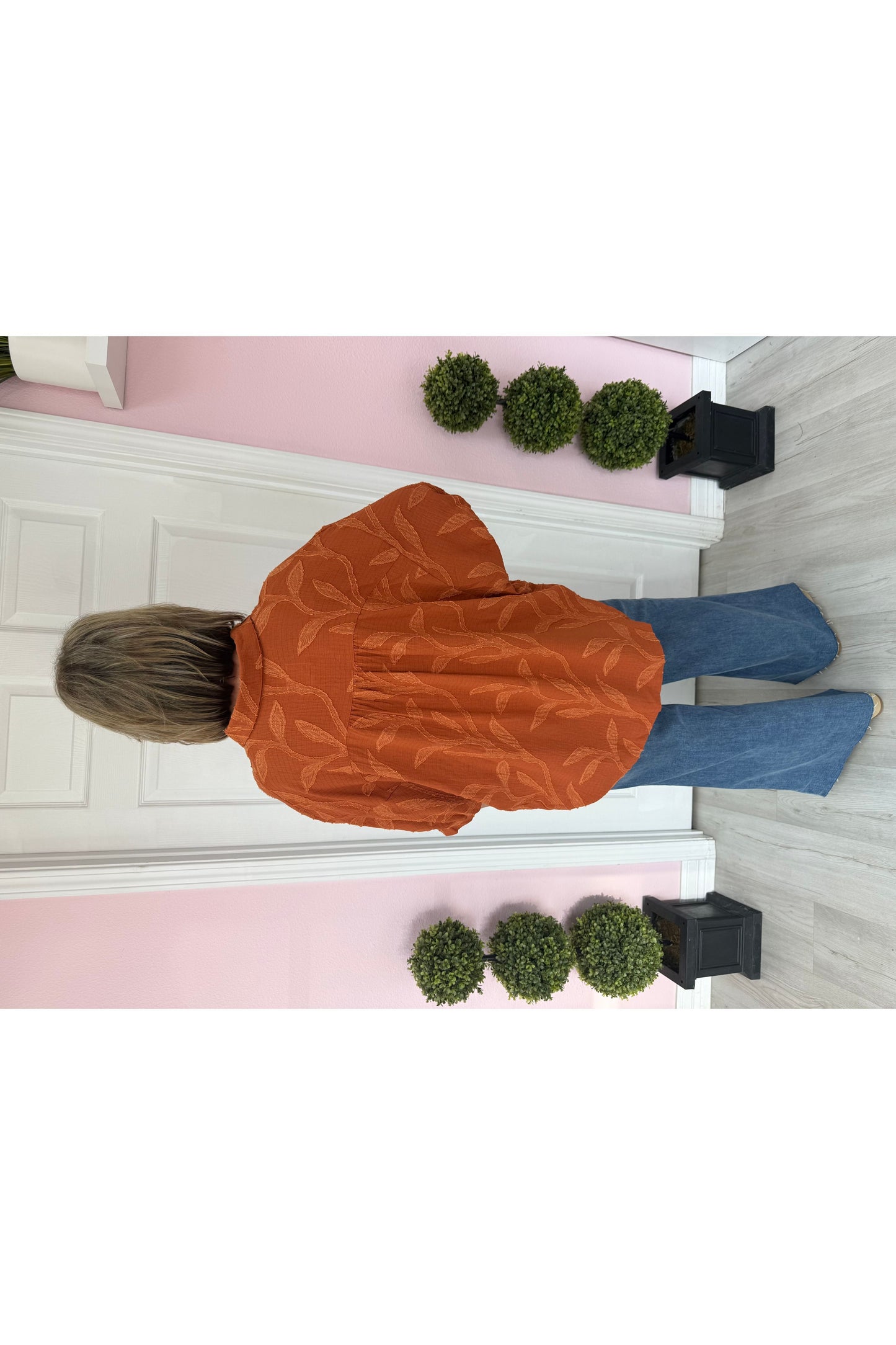 Jacquard Textured Leaf Button-Down Blouse