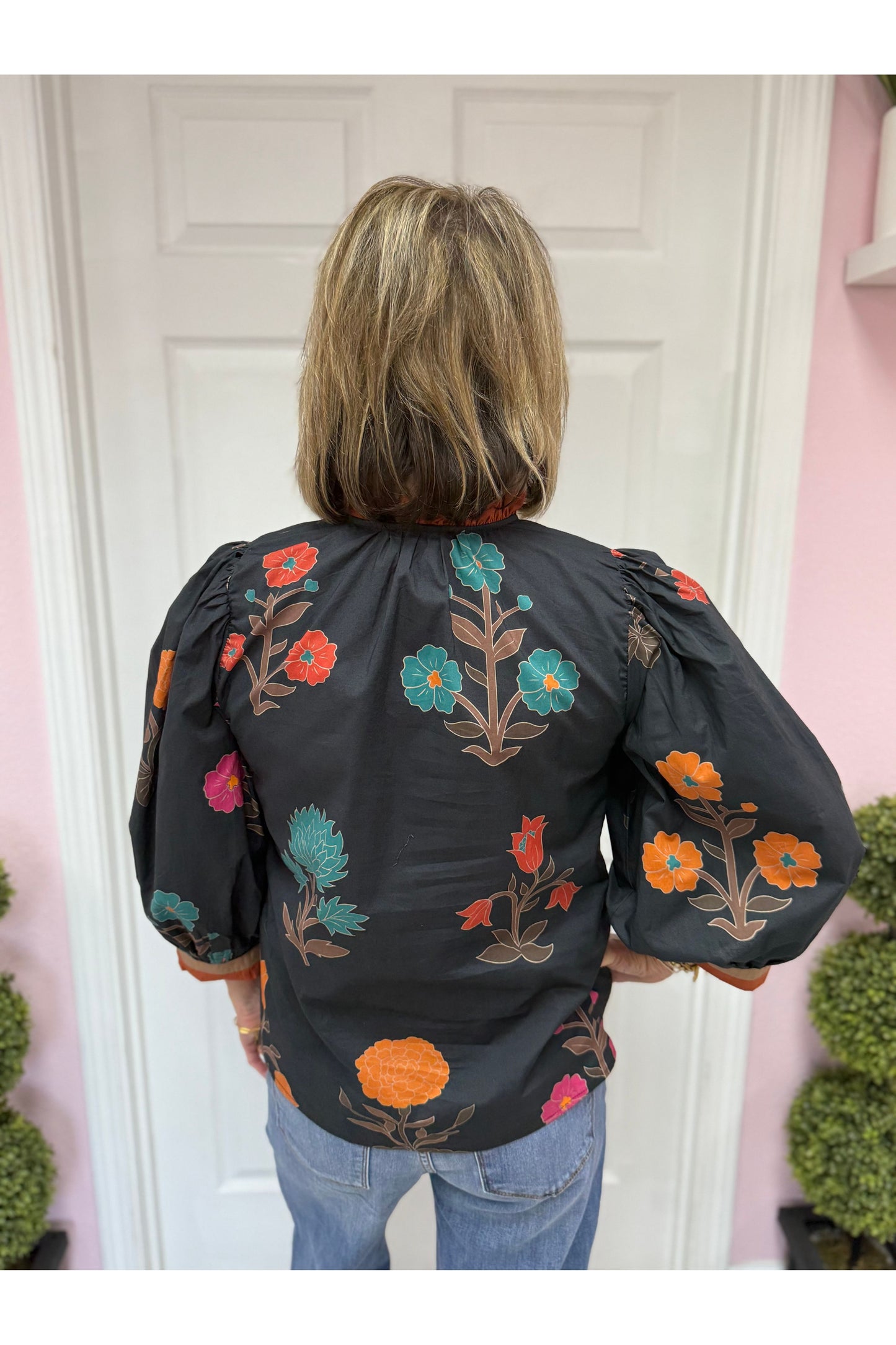 Carla Black Floral Print 3/4 Sleeve Top