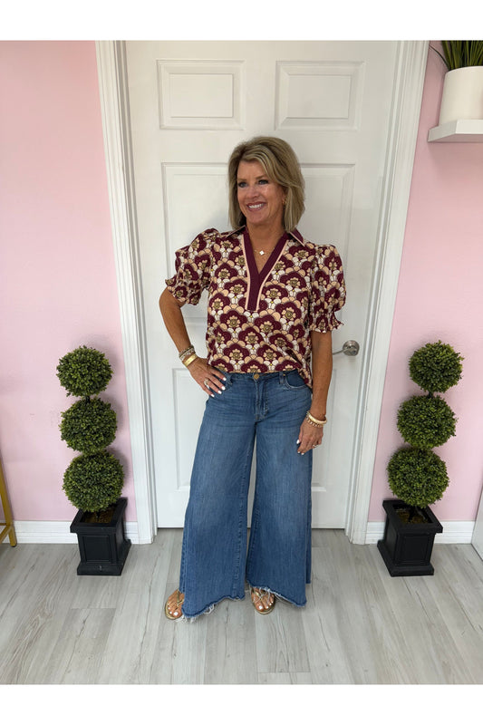 Burgundy Floral-Patterned Blouse