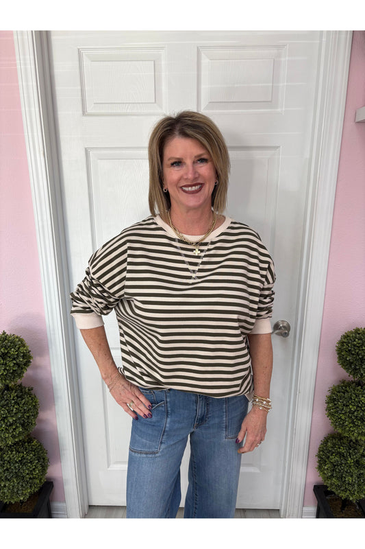 Oversized Stripe LS Knit Top W/Contrasting Rib