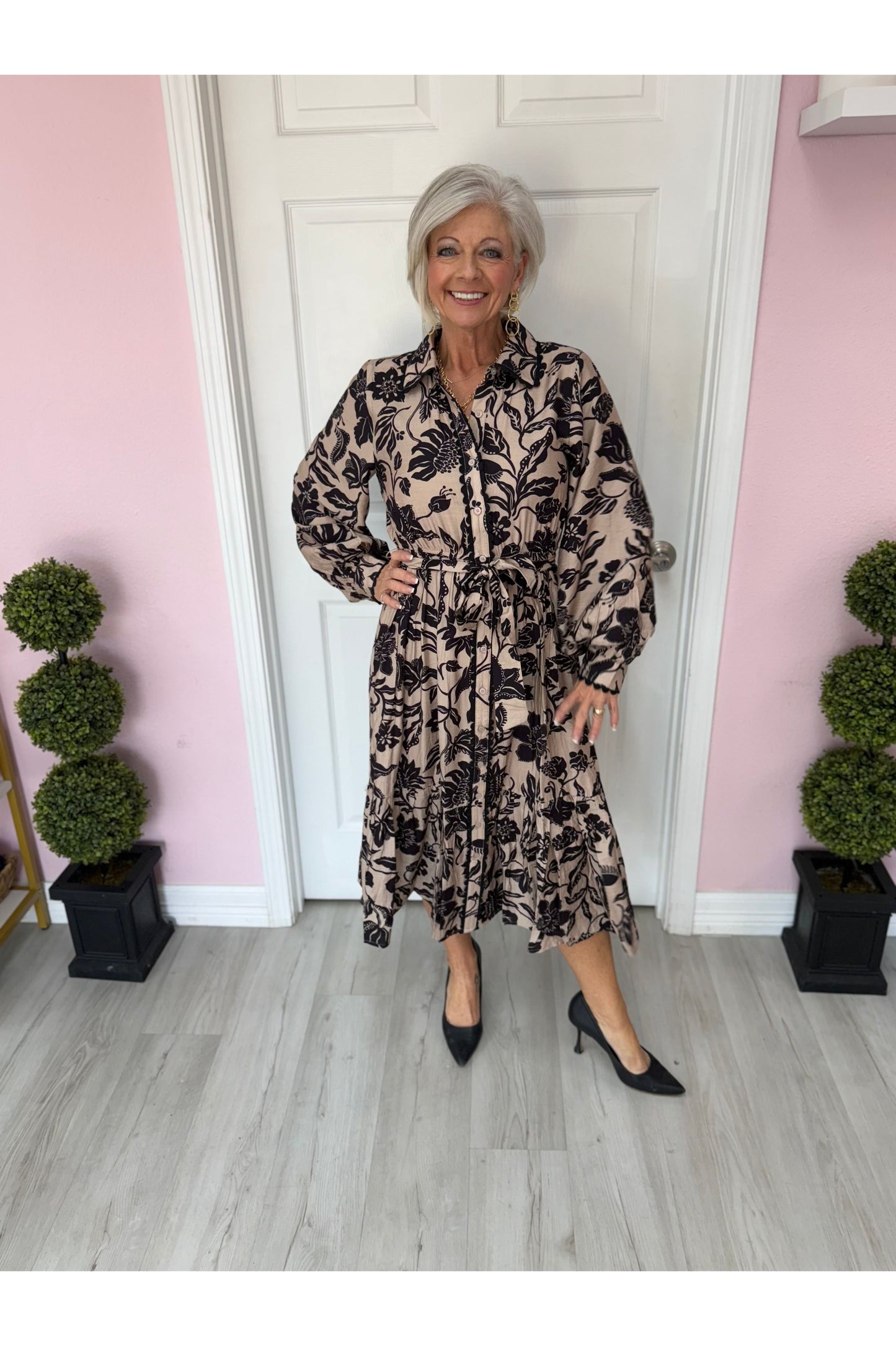 Shannon Tan & Black Floral Midi Dress