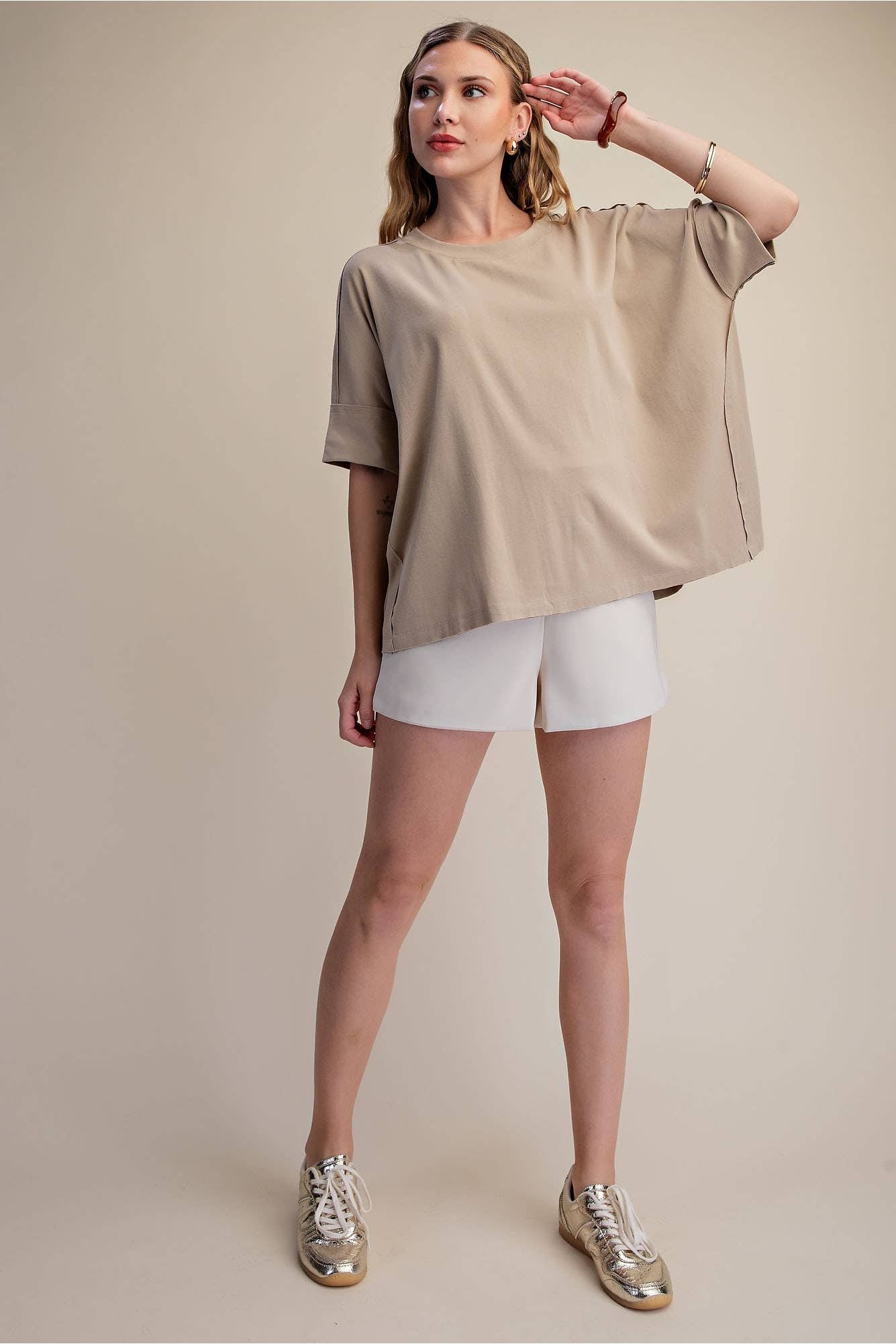 Cammie Oversized Pullover Round Neck Band Short Sleeve