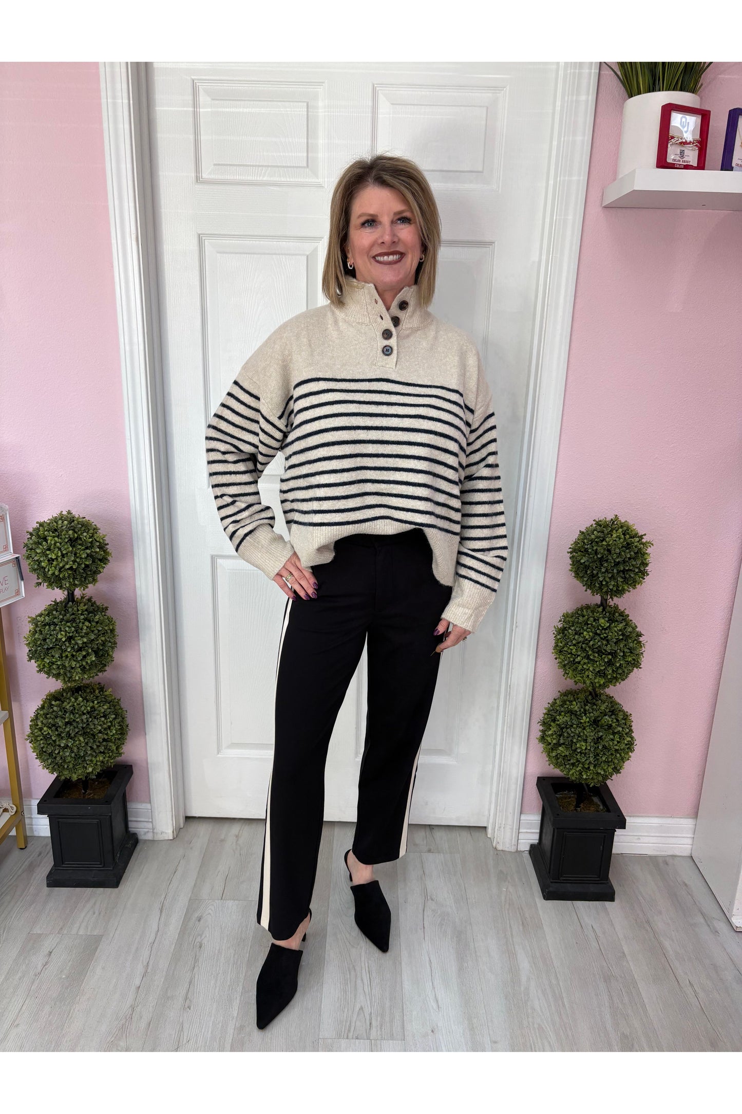 Brushed Striped Half Button Up Sweater