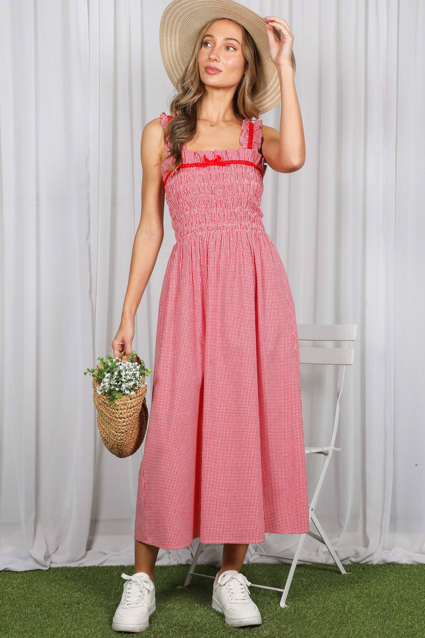 Velvet Trim Strap 100% Cotton Gingham Midi Dress