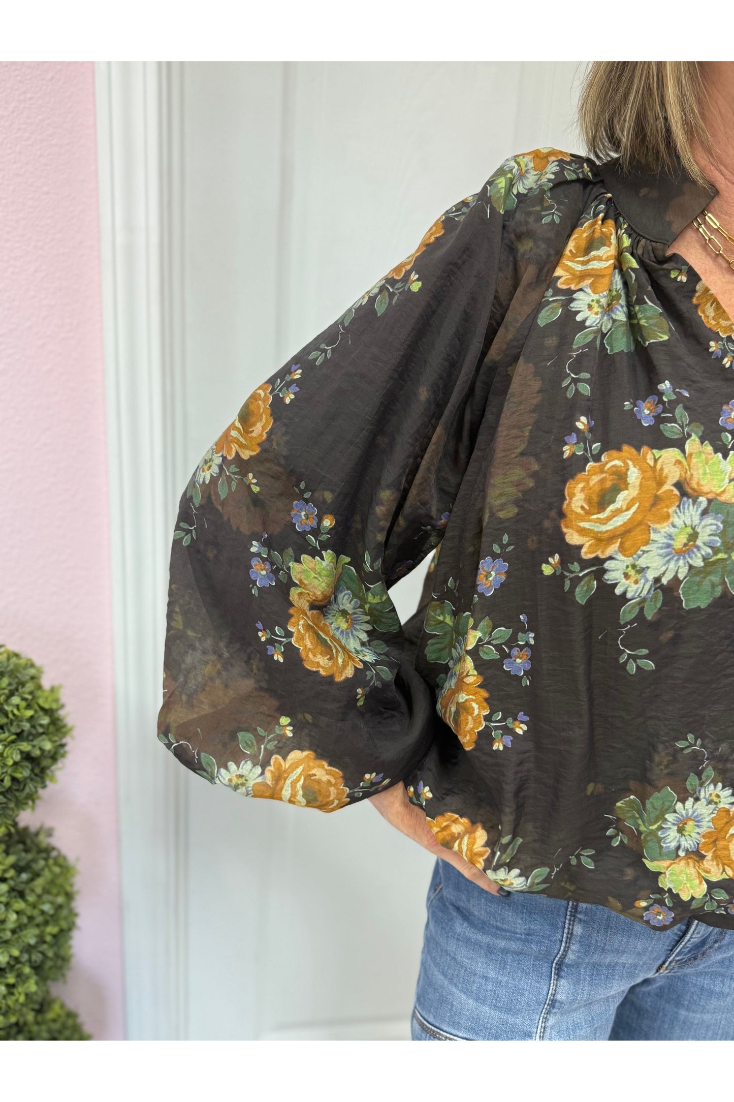 Chocolate Floral LS Blouse