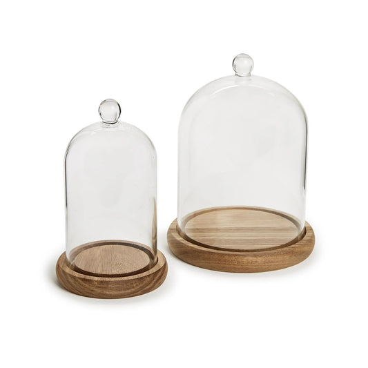 Cloche W/Ball Handle and Wooden Base Set of 2