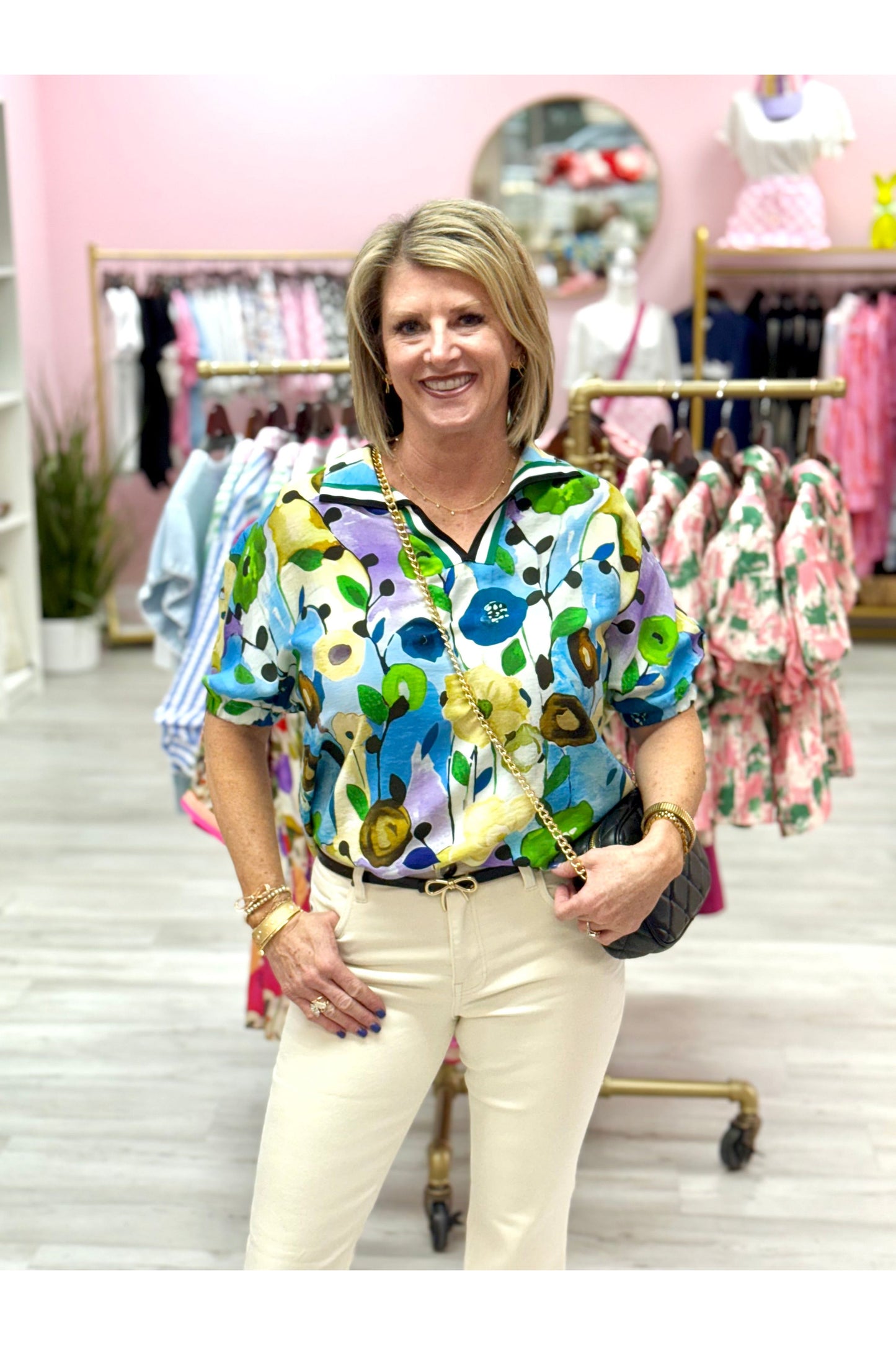 Floral Print Striped V Neck Short Sleeve Blouse