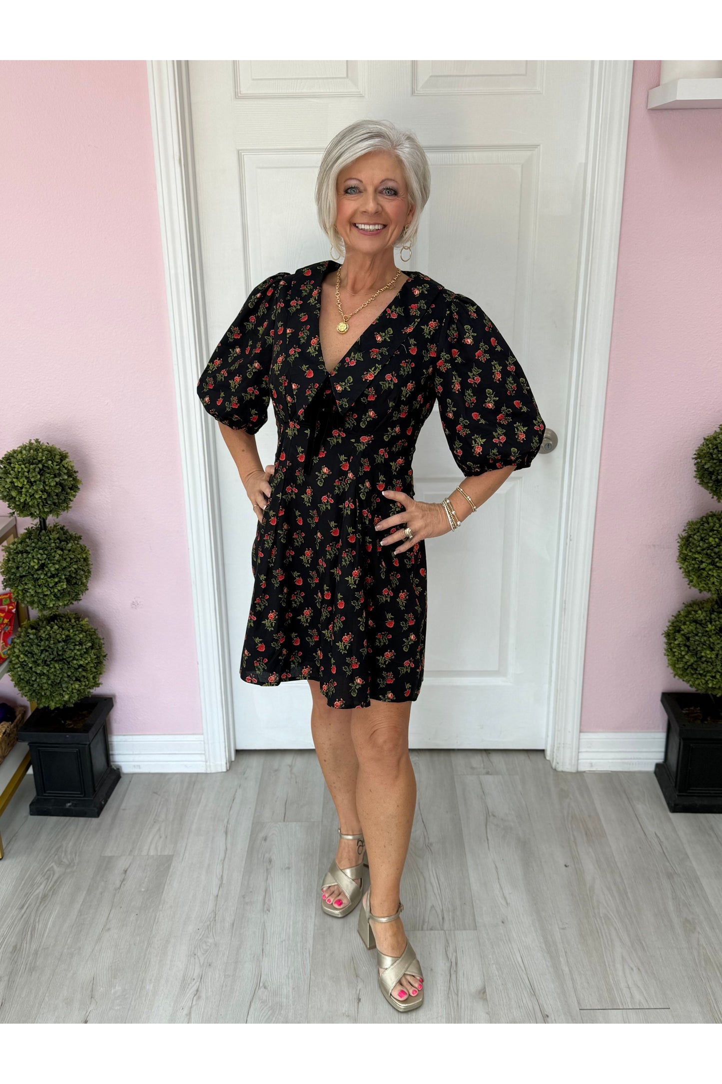 Floral Collar Dress W/Velvet Tie