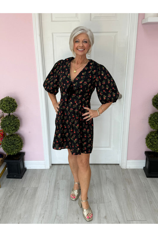 Floral Collar Dress W/Velvet Tie