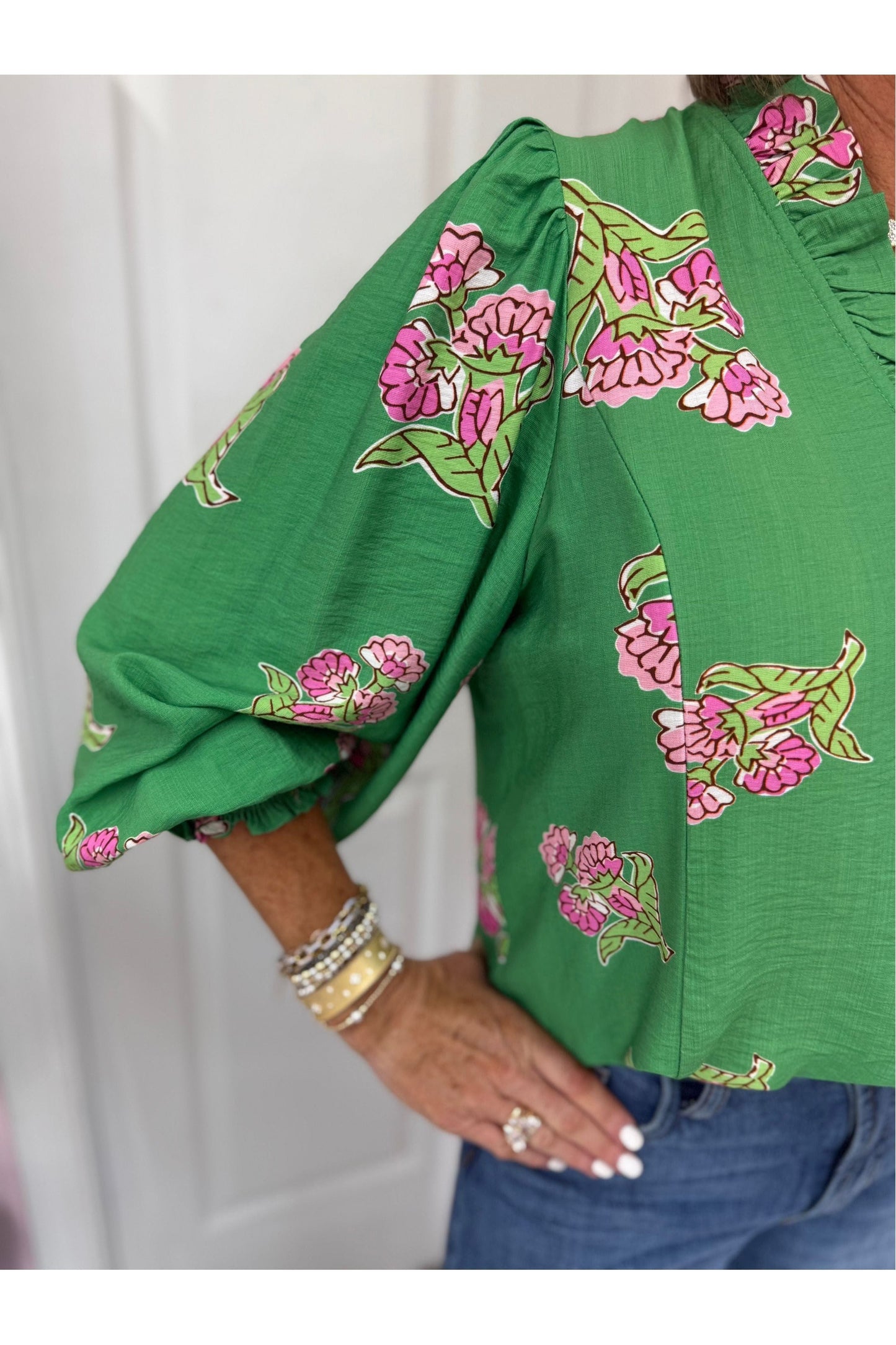 Tamra Green L/S Floral Blouse