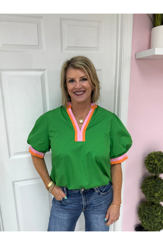 Kelly Green Blouse w/Contrast Striped