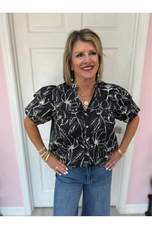 Charleston Black Floral Print V-Neck